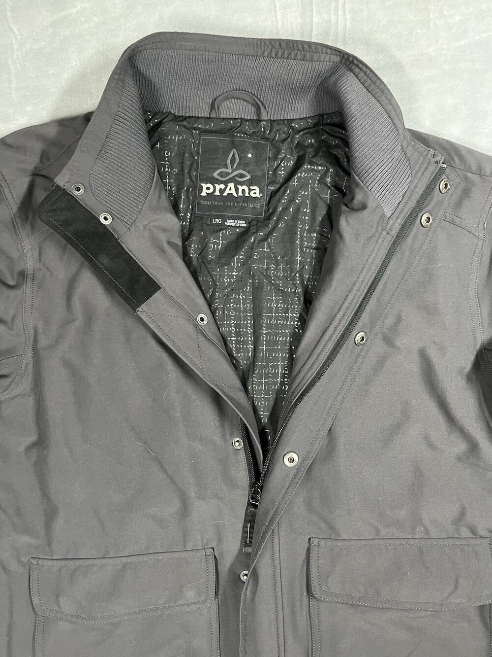 Prana Jacket Mens L Insulated Gray Jacket Snap Front Utility Pockets Zip Parka